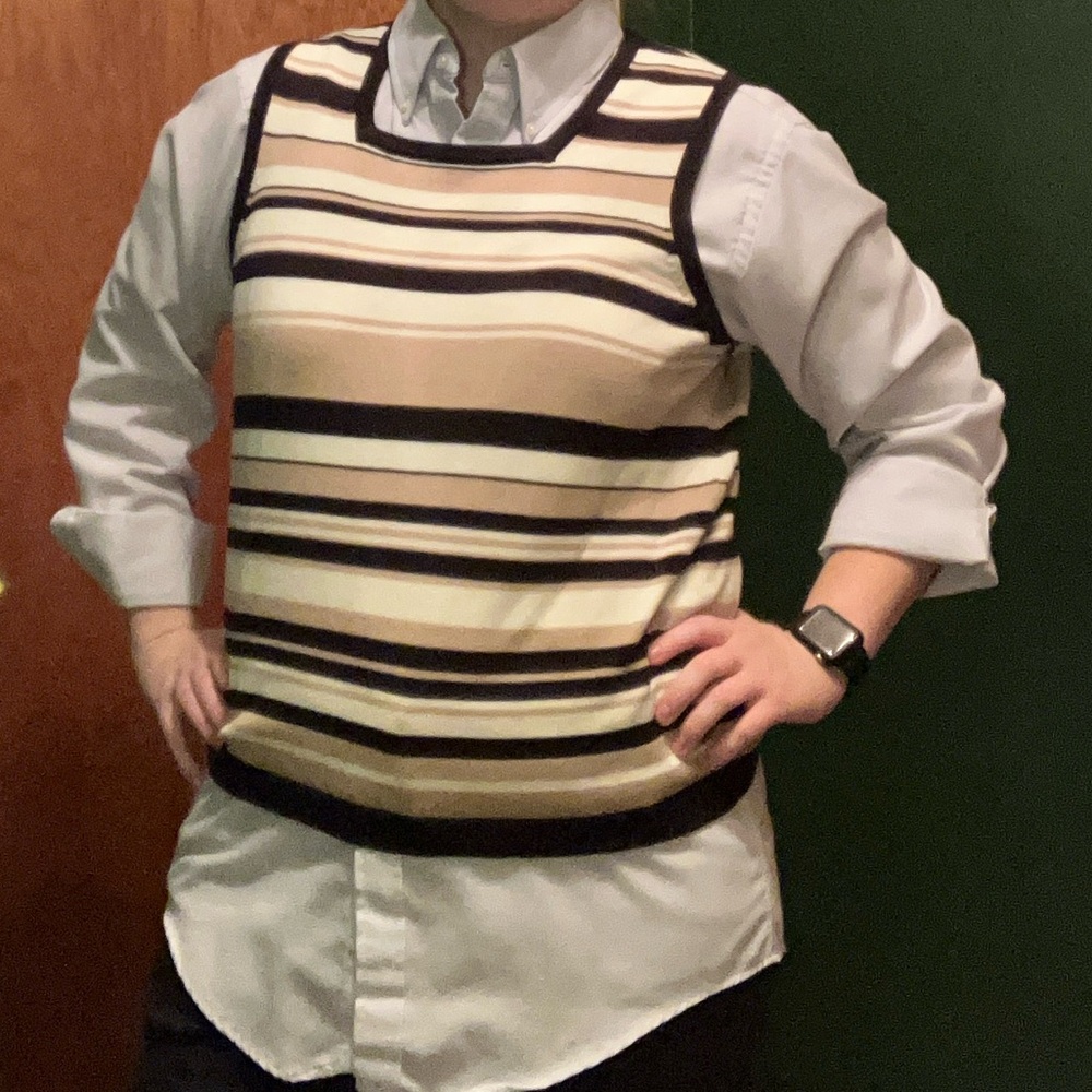 Vintage 90s XL Croft & Barrow Women’s Square Neck Sweater Vest Tan Black Cream